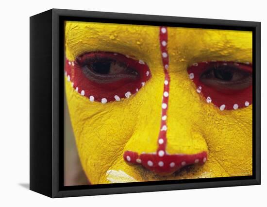 Close up of Facial Decoration in Yellow, Red and White Make-Up, Papua New Guinea, Pacific-Maureen Taylor-Framed Stretched Canvas