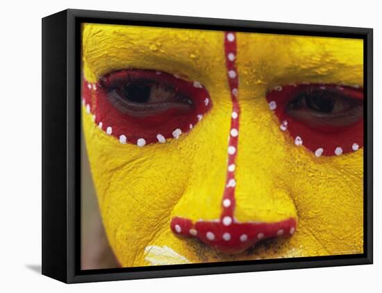 Close up of Facial Decoration in Yellow, Red and White Make-Up, Papua New Guinea, Pacific-Maureen Taylor-Framed Stretched Canvas