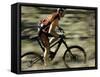 Close up of Fast Moving Mountain Biker, Mt. Bike-Michael Brown-Framed Stretched Canvas