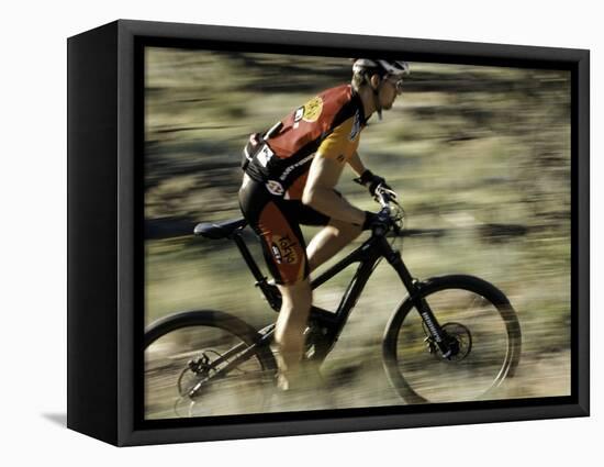 Close up of Fast Moving Mountain Biker, Mt. Bike-Michael Brown-Framed Stretched Canvas