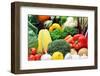 Close up of Fresh Raw Organic Vegetable Produce, Assortment of Corn, Peppers, Broccoli, Mushrooms,-warrengoldswain-Framed Photographic Print