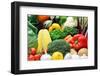 Close up of Fresh Raw Organic Vegetable Produce, Assortment of Corn, Peppers, Broccoli, Mushrooms,-warrengoldswain-Framed Photographic Print