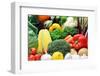 Close up of Fresh Raw Organic Vegetable Produce, Assortment of Corn, Peppers, Broccoli, Mushrooms,-warrengoldswain-Framed Photographic Print