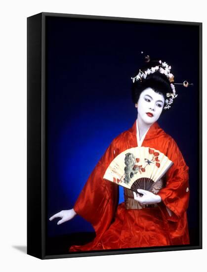 Close-up of Geisha Girl in Blue with Fan, Kyoto, Japan-Bill Bachmann-Framed Stretched Canvas