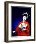 Close-up of Geisha Girl in Blue with Fan, Kyoto, Japan-Bill Bachmann-Framed Premium Photographic Print