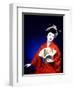 Close-up of Geisha Girl in Blue with Fan, Kyoto, Japan-Bill Bachmann-Framed Premium Photographic Print