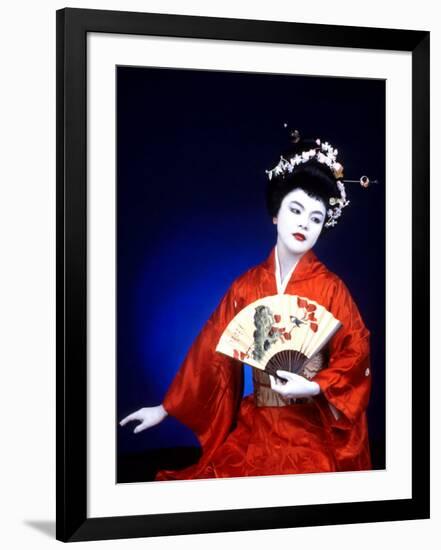 Close-up of Geisha Girl in Blue with Fan, Kyoto, Japan-Bill Bachmann-Framed Photographic Print