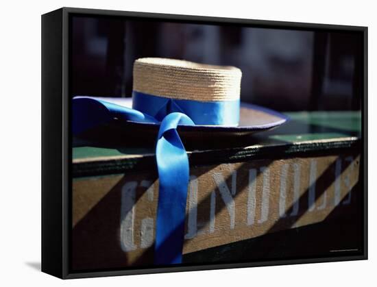 Close-up of Gondolier's Straw Hat and Blue Ribbon, Venice, Veneto, Italy, Europe-Oliviero Olivieri-Framed Stretched Canvas