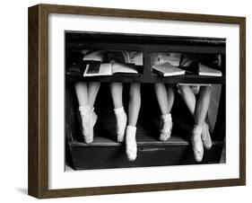 Close Up of Legs of Young Ballerinas in Toe Shoes under Desk at La Scala Ballet School-Alfred Eisenstaedt-Framed Photographic Print