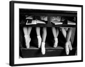 Close Up of Legs of Young Ballerinas in Toe Shoes under Desk at La Scala Ballet School-Alfred Eisenstaedt-Framed Photographic Print