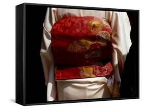 Close-up of Obi, Silk Sash Worn with Kimono, Kyoto, Japan-Nancy & Steve Ross-Framed Stretched Canvas