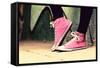 Close up of Pink Sneakers Worn by a Teenager. Grunge Graffiti Wall, Concepts of Teen Rebel, Problem-Michal Bednarek-Framed Stretched Canvas