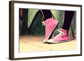 Close up of Pink Sneakers Worn by a Teenager. Grunge Graffiti Wall, Concepts of Teen Rebel, Problem-Michal Bednarek-Framed Photographic Print