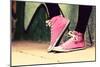 Close up of Pink Sneakers Worn by a Teenager. Grunge Graffiti Wall, Concepts of Teen Rebel, Problem-Michal Bednarek-Mounted Photographic Print