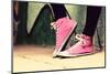 Close up of Pink Sneakers Worn by a Teenager. Grunge Graffiti Wall, Concepts of Teen Rebel, Problem-Michal Bednarek-Mounted Photographic Print