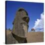 Close-Up of Rano Rarakay, Stone Head Carved from Crater, Moai Stone Statues, Easter Island, Chile-Geoff Renner-Stretched Canvas