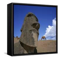 Close-Up of Rano Rarakay, Stone Head Carved from Crater, Moai Stone Statues, Easter Island, Chile-Geoff Renner-Framed Stretched Canvas