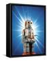 Close Up of Robot with Rays of Light on Blue Background-null-Framed Stretched Canvas