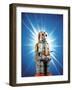 Close Up of Robot with Rays of Light on Blue Background-null-Framed Photographic Print