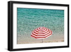 Close up of Striped Beach Umbrella near Sea, San Vito Lo Capo, Sicily, Italy-Massimo Borchi-Framed Giclee Print