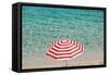 Close up of Striped Beach Umbrella near Sea, San Vito Lo Capo, Sicily, Italy-Massimo Borchi-Framed Stretched Canvas