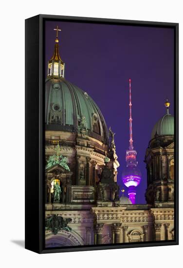 Close-Up of the Berliner Dom (Cathedral) with the Television Tower in the Background at Night-Miles Ertman-Framed Stretched Canvas