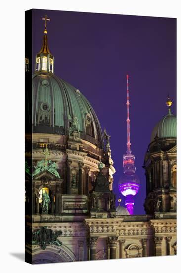 Close-Up of the Berliner Dom (Cathedral) with the Television Tower in the Background at Night-Miles Ertman-Stretched Canvas