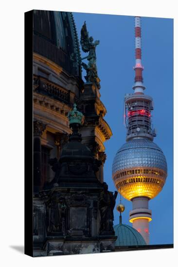 Close-Up of the Berliner Dom (Cathedral) with the Television Tower in the Background at Night-Miles Ertman-Stretched Canvas