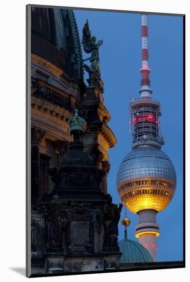 Close-Up of the Berliner Dom (Cathedral) with the Television Tower in the Background at Night-Miles Ertman-Mounted Photographic Print