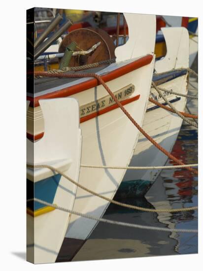 Close up of the Front of Three Fishing Boats in the Harbour, Sitia, Crete, Greek Islands, Greece-Eitan Simanor-Stretched Canvas