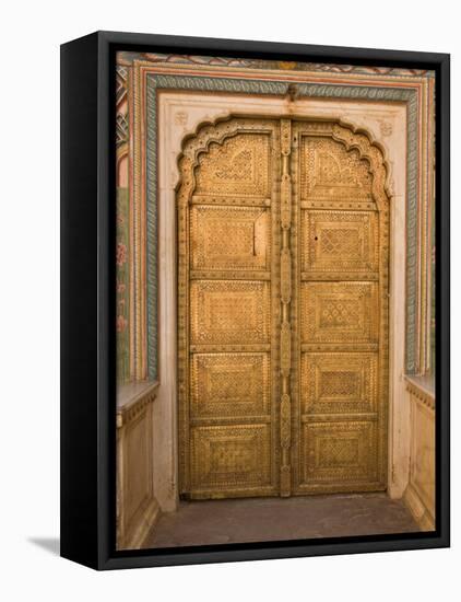 Close Up of the Ornate Door at the Peacock Gate in the City Palace, Jaipur, Rajasthan-John Woodworth-Framed Stretched Canvas