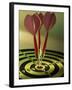 Close-up of Three Darts in the Bull's-Eye of a Dartboard-null-Framed Premium Photographic Print