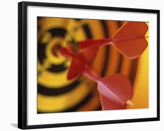 Close-up of Three Darts in the Bull's-Eye of a Dartboard-null-Framed Photographic Print