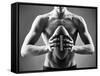 Close-Up of Topless Man Holding Rugby Ball in Isolation-pressmaster-Framed Stretched Canvas