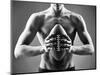 Close-Up of Topless Man Holding Rugby Ball in Isolation-pressmaster-Mounted Photographic Print