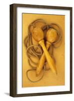 Close Up of Traditional Skipping Rope with Carved and Turned Wooden Handles Lying on Antique Paper-Den Reader-Framed Photographic Print