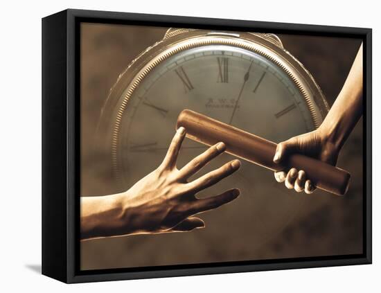 Close Up of Two Runners Hands Passing the Baton in Relay Race in Front of Old European Clock Face-null-Framed Stretched Canvas