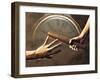 Close Up of Two Runners Hands Passing the Baton in Relay Race in Front of Old European Clock Face-null-Framed Premium Photographic Print