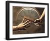 Close Up of Two Runners Hands Passing the Baton in Relay Race in Front of Old European Clock Face-null-Framed Premium Photographic Print