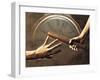 Close Up of Two Runners Hands Passing the Baton in Relay Race in Front of Old European Clock Face-null-Framed Premium Photographic Print