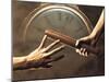 Close Up of Two Runners Hands Passing the Baton in Relay Race in Front of Old European Clock Face-null-Mounted Premium Photographic Print