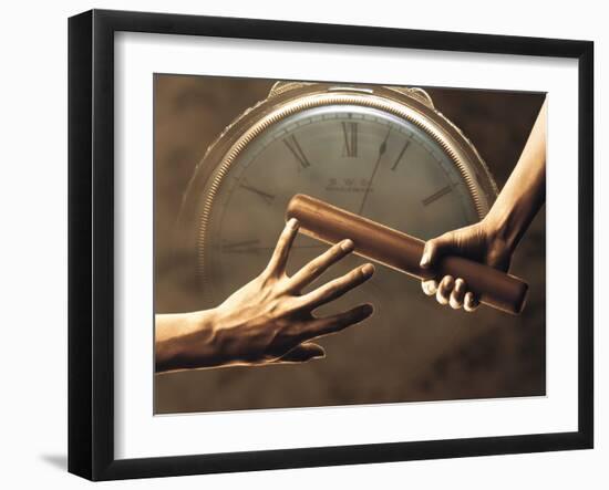 Close Up of Two Runners Hands Passing the Baton in Relay Race in Front of Old European Clock Face-null-Framed Photographic Print