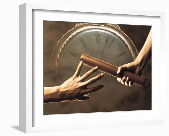 Close Up of Two Runners Hands Passing the Baton in Relay Race in Front of Old European Clock Face-null-Framed Photographic Print