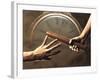 Close Up of Two Runners Hands Passing the Baton in Relay Race in Front of Old European Clock Face-null-Framed Photographic Print