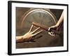 Close Up of Two Runners Hands Passing the Baton in Relay Race in Front of Old European Clock Face-null-Framed Photographic Print