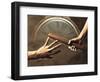 Close Up of Two Runners Hands Passing the Baton in Relay Race in Front of Old European Clock Face-null-Framed Photographic Print