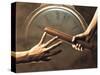 Close Up of Two Runners Hands Passing the Baton in Relay Race in Front of Old European Clock Face-null-Stretched Canvas