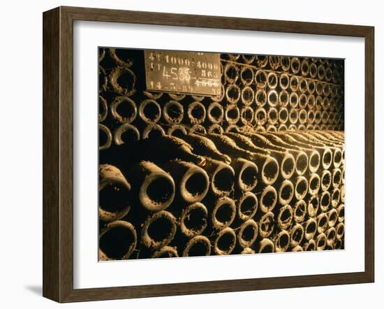 Close-up of Wine Bottles in a Cellar of Bollinger, Ay, Champagne, France-null-Framed Photographic Print