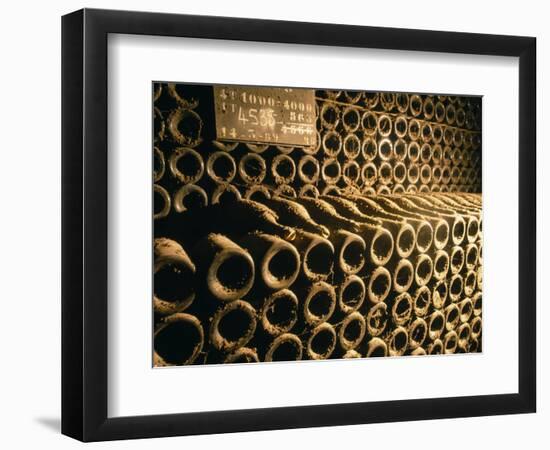 Close-up of Wine Bottles in a Cellar of Bollinger, Ay, Champagne, France-null-Framed Photographic Print