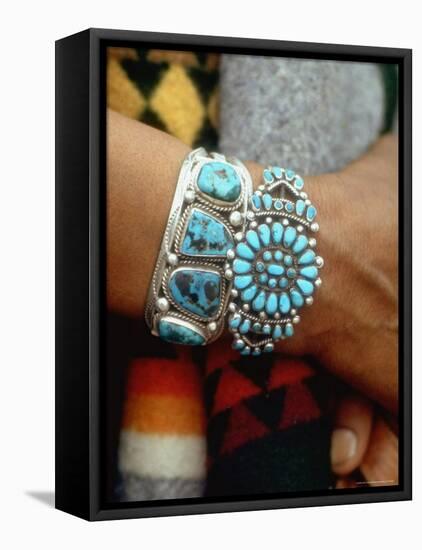 Close Up of Wrist Modeling Turquoise Bracelets Made by Native Americans-Michael Mauney-Framed Stretched Canvas